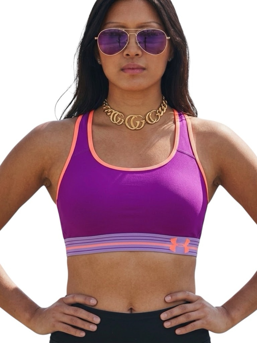 Under Armour HeatGear Compression Racerback Sports Bra Neon Pink Purple Small